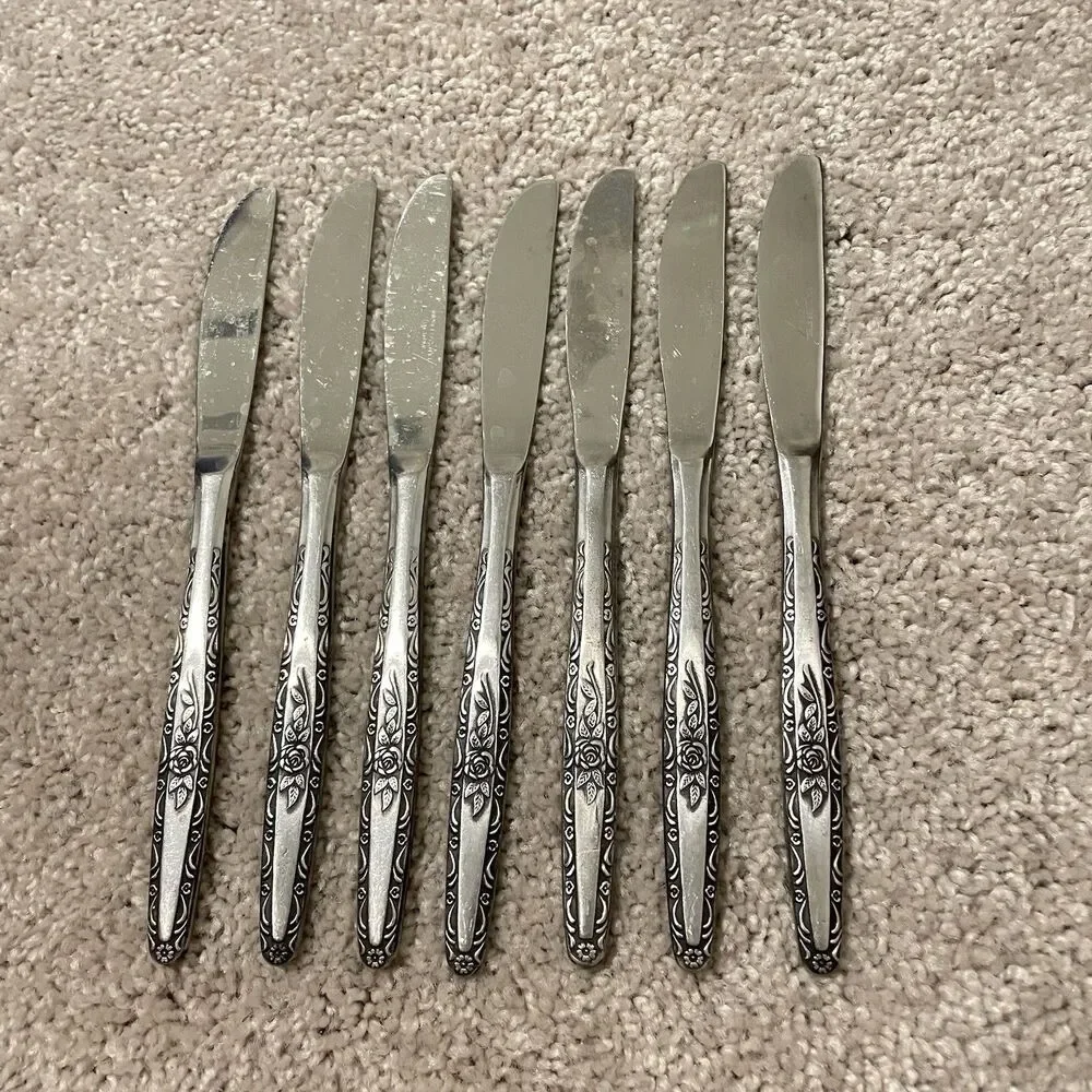 Interpur Rose Scroll Dinner Knives Set of 7 Stainless Steel Flatware 8.5” Japan